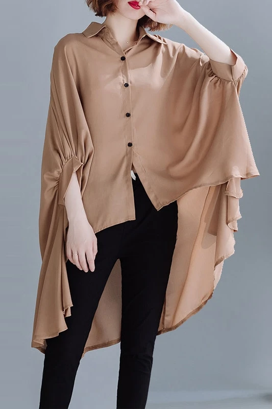 

LZMONE Large Women's Summer Chiffon Shirt Bat Sleeve Solid Color Swallow Tail Asymmetric Hem Sunscreen Top