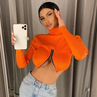 super short crop tops sexy long sleeve stand collar hollow out t shirts elegant solid color zipper womens tops woman clothes