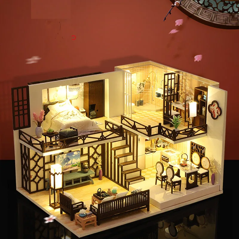 

DIY Wooden Dollhouse Chinese style Architecture Doll Houses Mininatures with Furniture Toys for Children Friend Birthday Gift