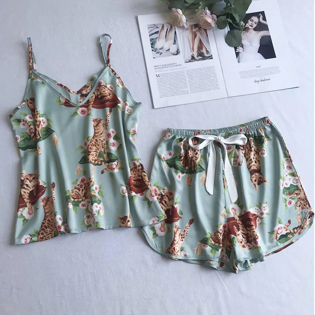 Женский Атласный пижамный комплект с принтом Летняя Повседневная Пижама без