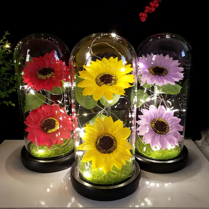 

New Two Sunflower Soap Flower LED Lamp Glass Cover Graduation Decoration Christmas Creative Gift