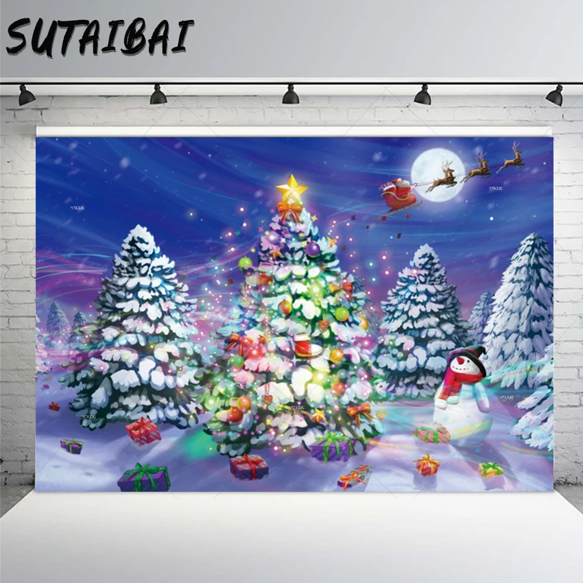 

Cartoon Colorful Christmas Tree Decor Night Santa Gifts Snowman Photo Background Birthday Party Photographic Photo Backdrop