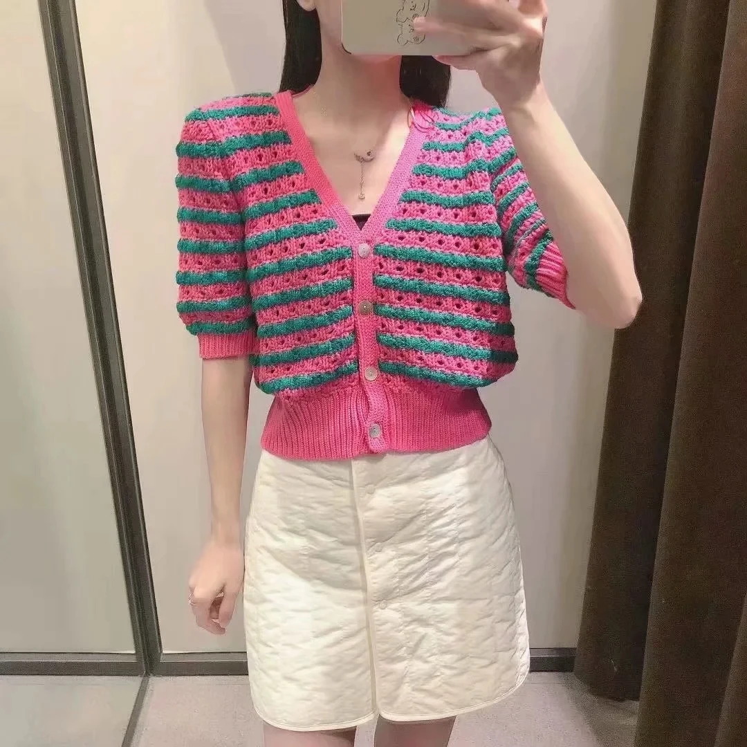 

KRSB Summer Women's Red Striped Single-Breasted v-Neck Knitted Sweater Short-Sleeved Hollow Design Crop Top Sweet Casual Style