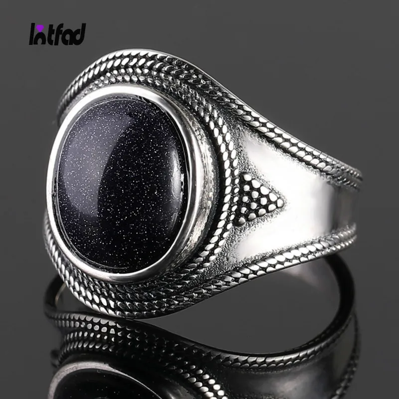 

S925 Sterling Silver Ring Natural 10x12MM Blue Sandstone Rings Vintage Jewelry Rings for Men Women Wholesale Dropshipping