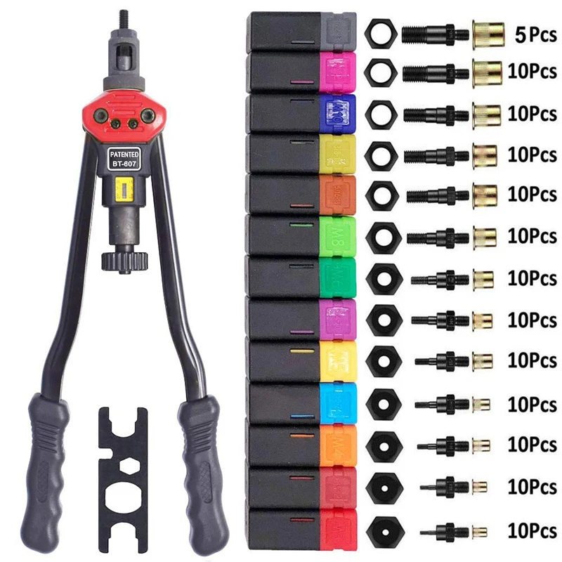 

with Nut Fixing System Complete 13 Mandrel M3 M4 M5, M6, M8, M10 M12, 8-32, 10-24, 1/4-20, 1/2-13 +125PCS Rivet Nut