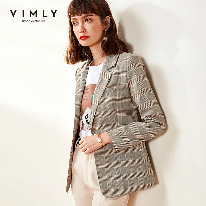 

Офисный Женский блейзер Vimly, элегантные клетчатые полосатые приталенные винтажные Женские жакеты с отложным воротником на одной пуговице ...
