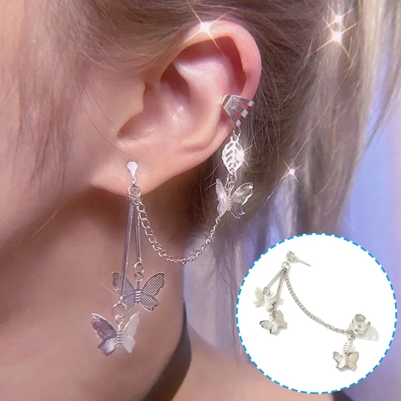 

1 Pair Punk Hip Hop Long Chain Butterfly Drop Earrings Ear Bone Cuff Clip Women Silver Color Zircon Tassel Earrings