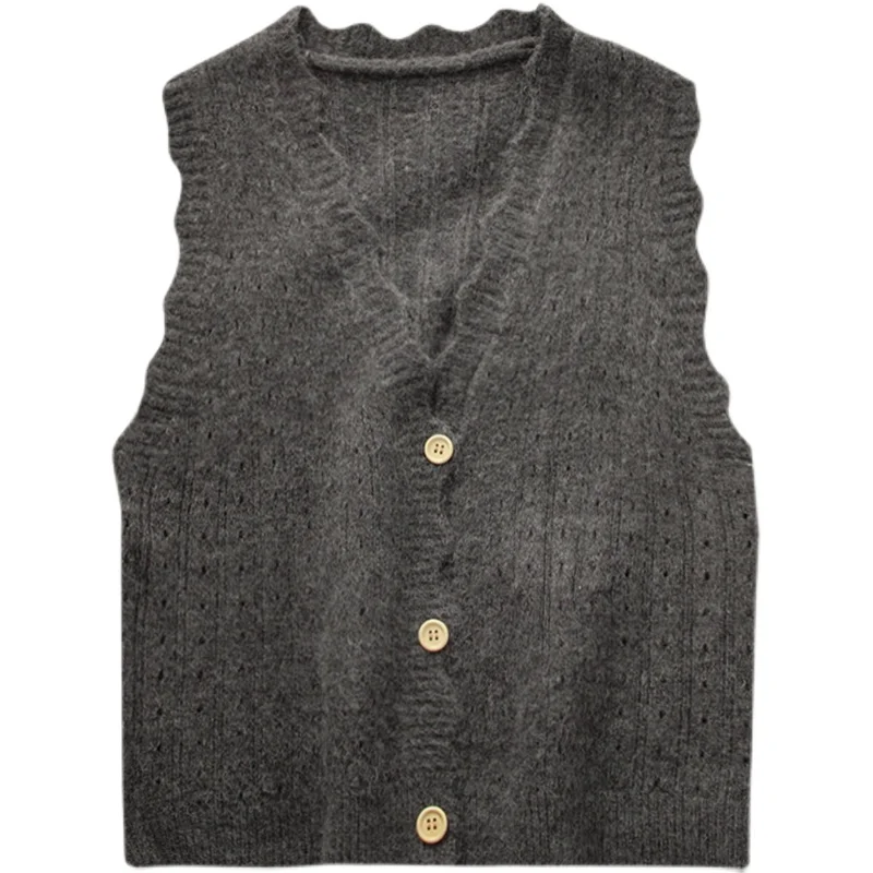 

Kimutomo Chic Knitted Vest Girls Casual Fresh Style 2021 Spring New Ladies V-neck Sleeveless Single Breasted Hollow Out Tops