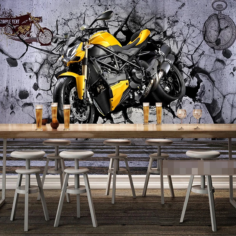 

Custom Mural 3D Stereoscopic Yellow Motorcycle Broken Wall Decor Painting Living Room Restaurant Cafe Background Photo Wallpaper