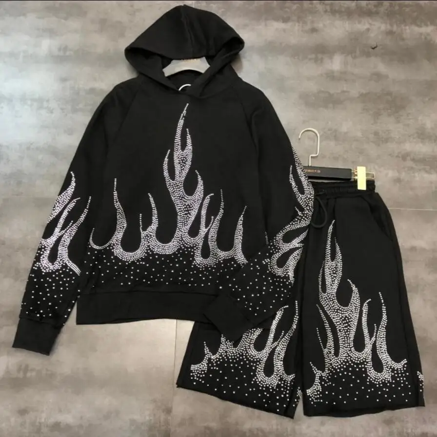 New Fashion Autumn Water-drill Flame Hooded Coat Loose Hoodies + Drawstring Hot-drill Shorts Two Piece Female Leisure Sport Suit | Женская