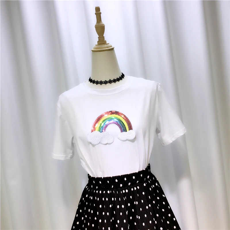 

2020 Korea-styles New Summer All-match O Neck Women Cotton T-shirt White Sequins Rainbow Casual Students Pullovers Top and Tees