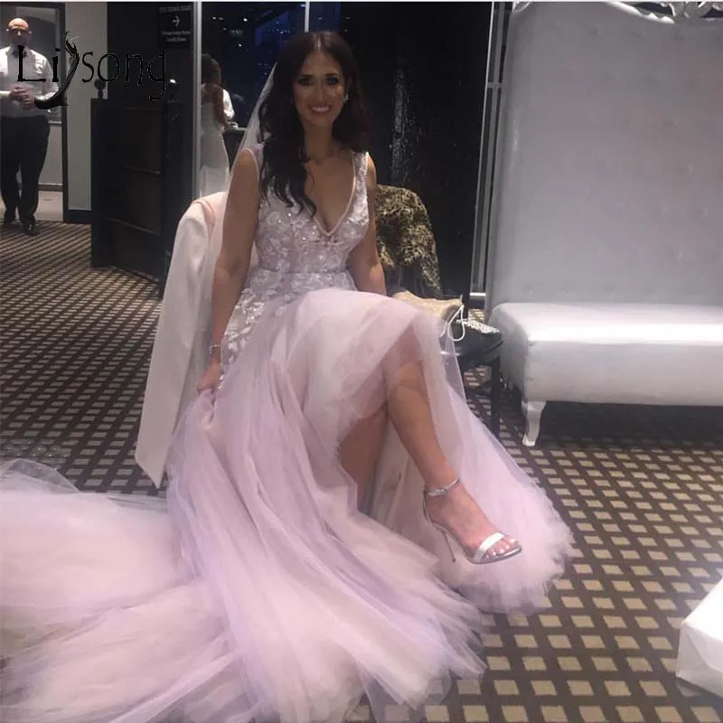 Красивые розовые 3D Цветочные кружевные свадебные платья Tutu с двойным v-образным вырезом трапециевидные кружевные свадебные платья Casamento
