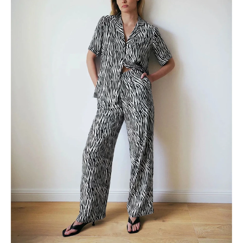 new summer suits women two piece set Zebra pattern short sleeves shirt blouse & trousers ensemble femme conjunto 2 piezas mujer | Женская