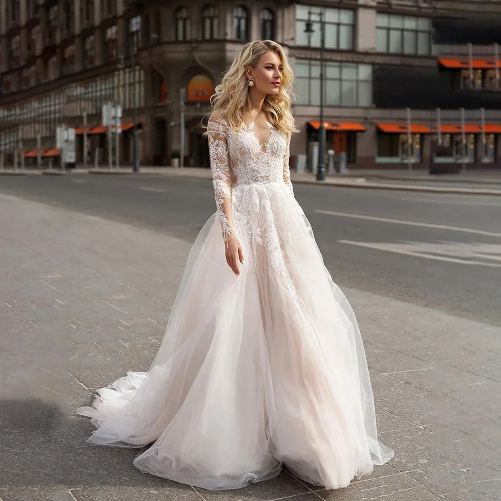 

Scoop Neck Long Sleeve A-Line Wedding Dress Backless Lace Appliques Tulle Bridal Gown robe de soirée de mariage Свадебное платье