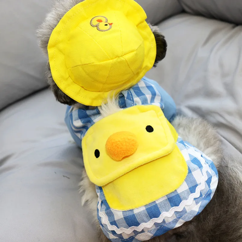 2021 Cute Little Yellow Duck Dog Clothes Bichon Autumn Pullover Puppy Warm Sweater Two-legged Pet Clothe With Hat |