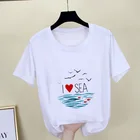 Женская тонкая футболка Harajuku, белая хипстерская футболка с коротким рукавом и принтом в виде моря, 2019