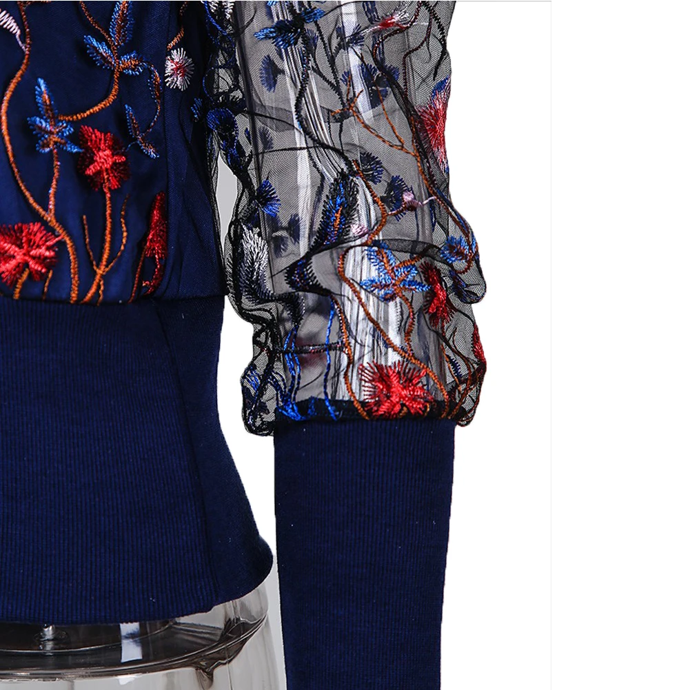 

Women Spring Autumn Daily O Neck Mesh Long Sheer Puff Sleeve Embroidery Floral Sweater Top Pullover Casual Blouse Sexy Blouse