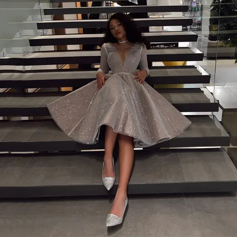 SoDigne Sparkling Evening Dress 2022 robe longue V- neck Long Sleeves Medium Length Wedding Party Dress Prom Gowns