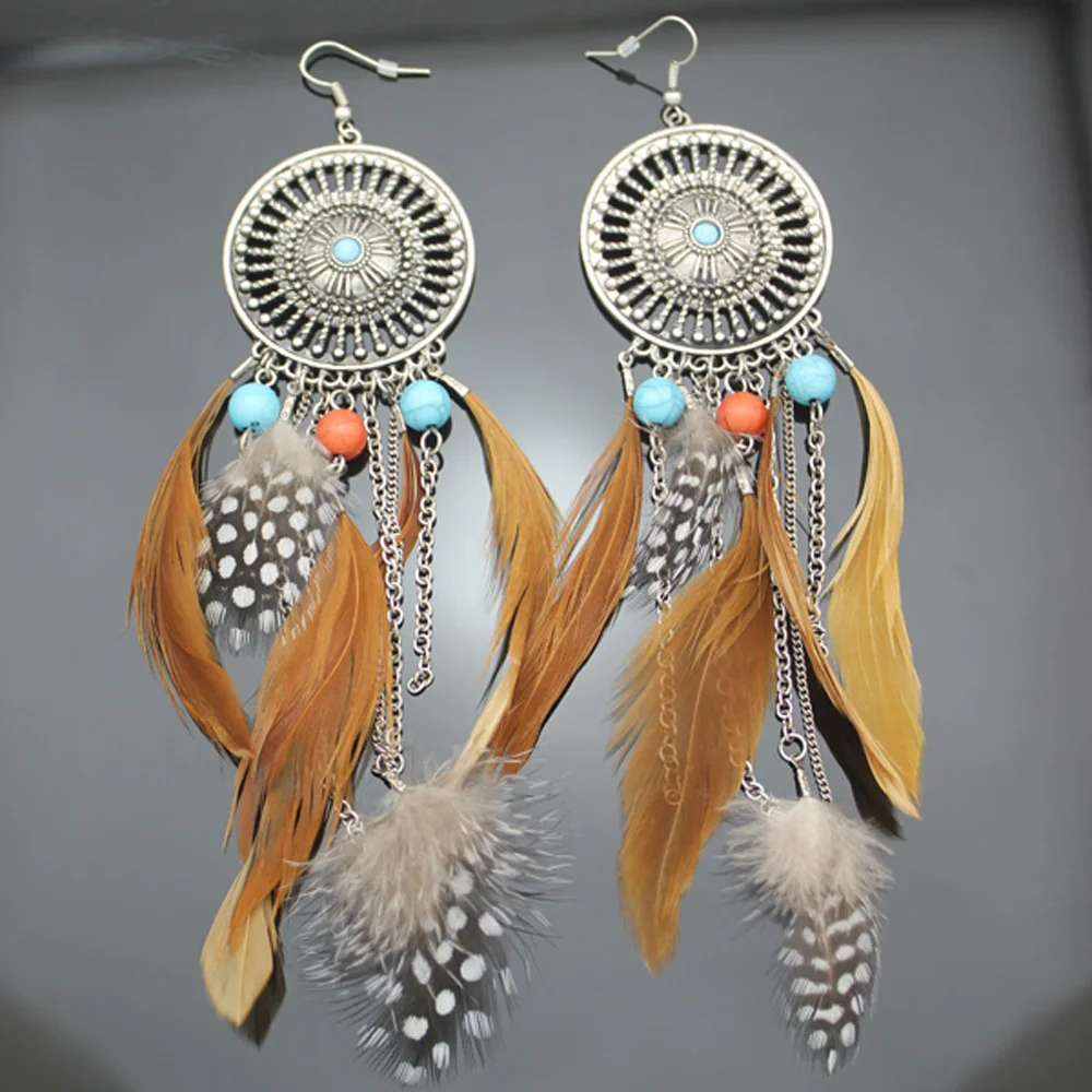 Vintage Indian Summer Large Dream Catcher Grey Feather Silver Plated Moon Hoop Dangle Coral Turkey Blue Stone | Украшения и