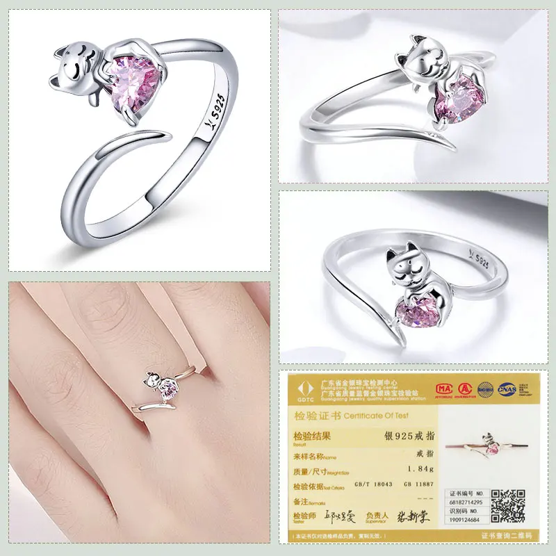 

BAMOER Authentic 925 Sterling Silver Moon Cat Open Size Adjustable Finger Rings for Women Wedding Engagement Jewelry SCR451