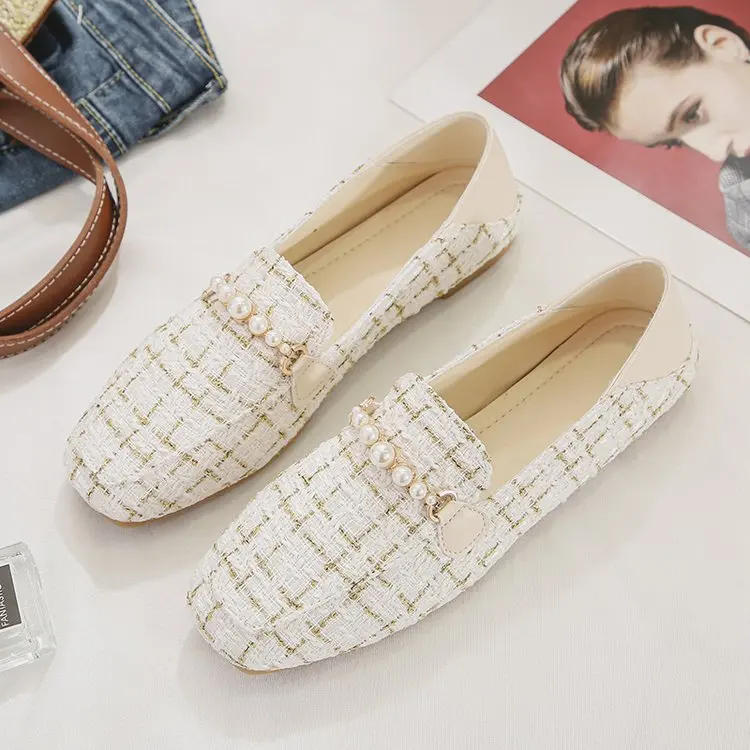 

Elegant Pearl Decorateion Summer Shoes Ladies Women's Moccasins Square Toe Casual Female Sneakers All-Match Modis Slip-on Flats