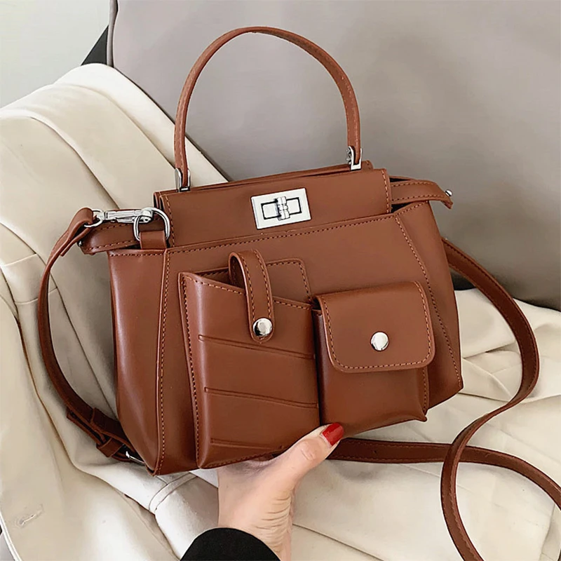 

S.IKRR Double Pocket Small PU Leather Crossbody Bags For Women 2020 Solid Color Shoulder Handbags Female Branded Totes Lady Bags