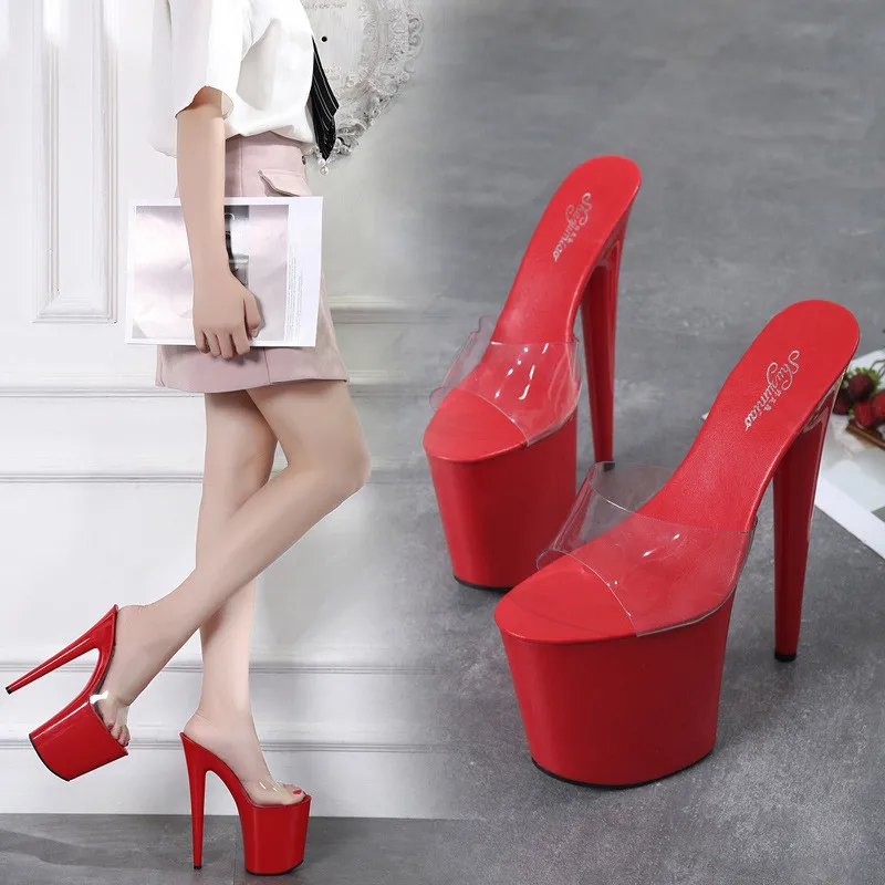 

Sexy 20CM Super High Heels Peep toe Sandals Transparent Crystal Platform Slippers Nightclub Model Catwalk Shoes Stripper Pumps