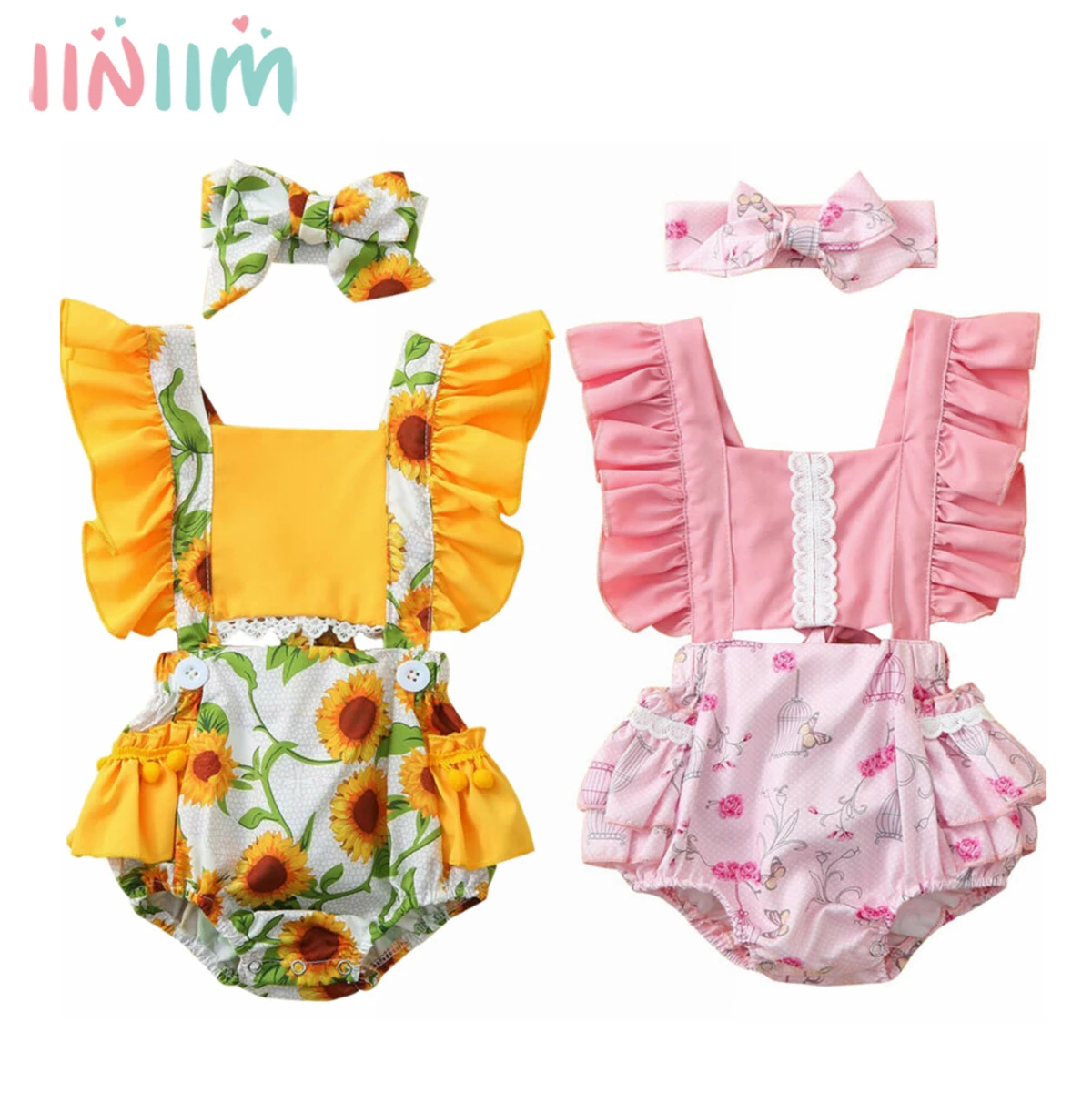 

2021 Newborn Baby Girls Clothes Sets Cute Floral Ruffle Romper 2pcs Outfit Backless Sunflower Jumpsuit Romper+Headband 0-18M Age