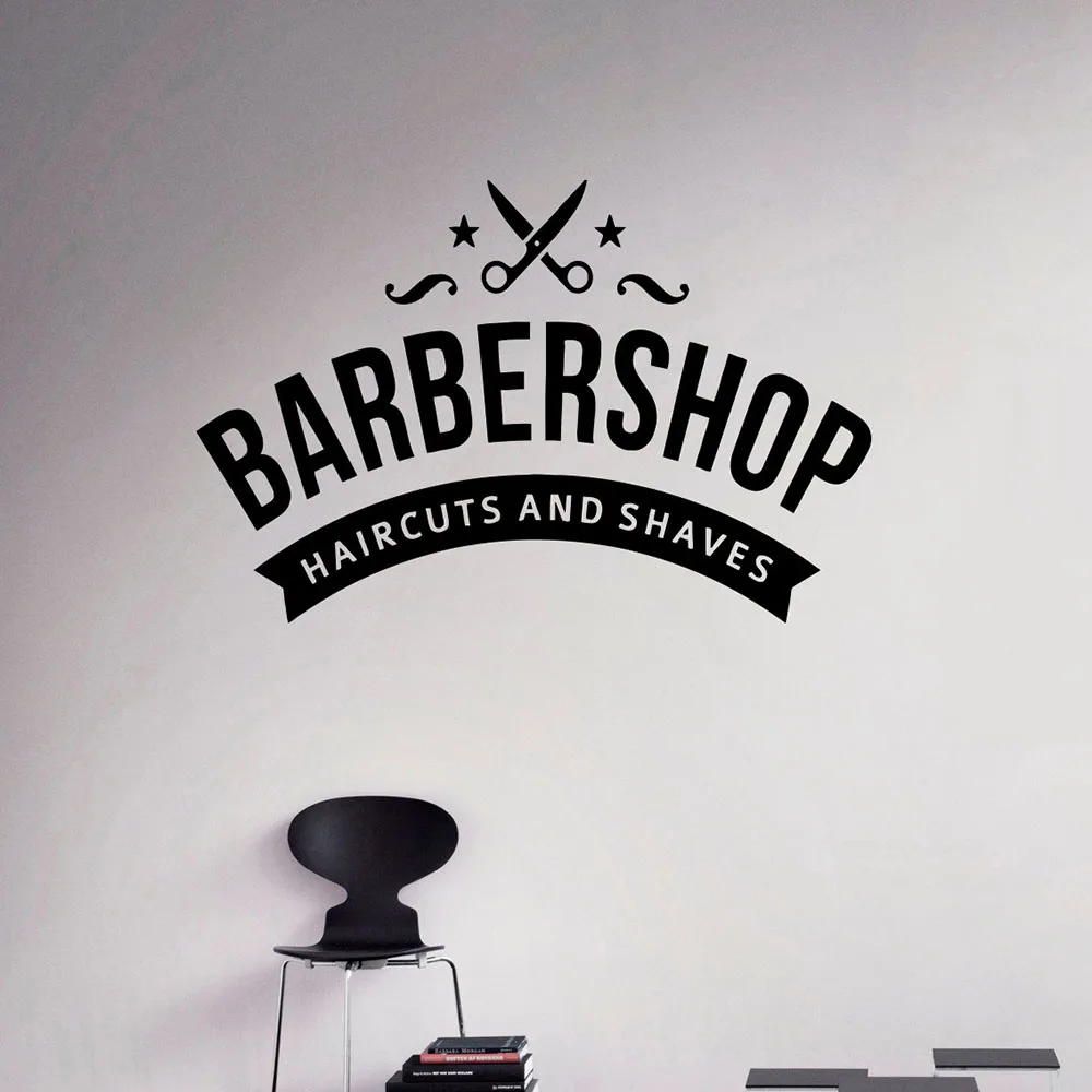 

Barbershop Logo Wall Decal Hairdresser Salon Door Window Vinyl Sticker Haircuts And Shaves Shop Interior Decor Words Mural Q780