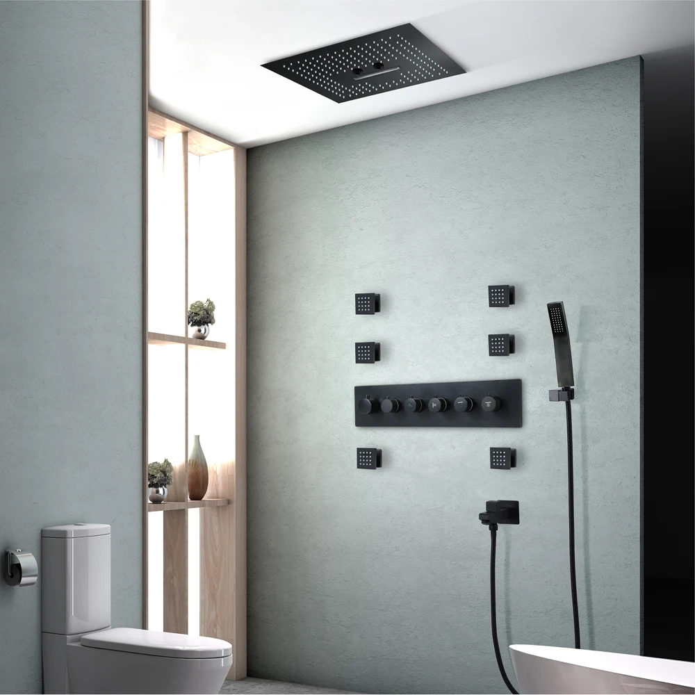 Embedded Ceiling Showerhead Waterfall Thermostatic Shower Faucets Rainfall Head LED Light Black Set Massage | Обустройство дома