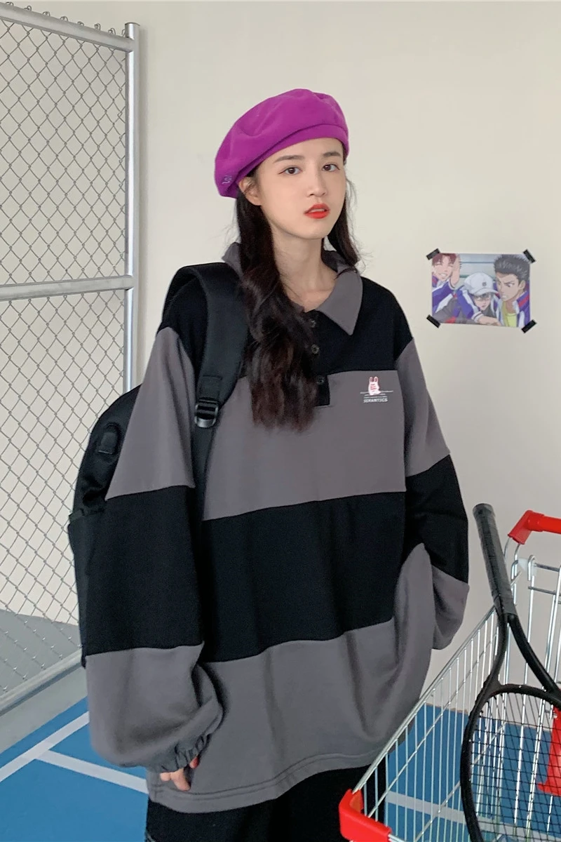 

Hoodies Women 2020 Harajuku Plus Size Trendy Letter Polo Collar Women Pullover Students Long Style Full Sleeve Ladies Sweatshirt