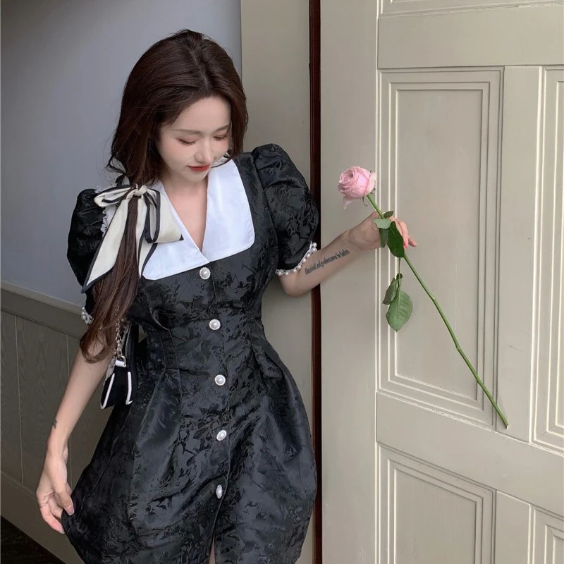 

2021 New Summer Women Black Dress Party Night Beading Slim French Elegant Lady Puff Sleeve Vintage Mini Dress A502