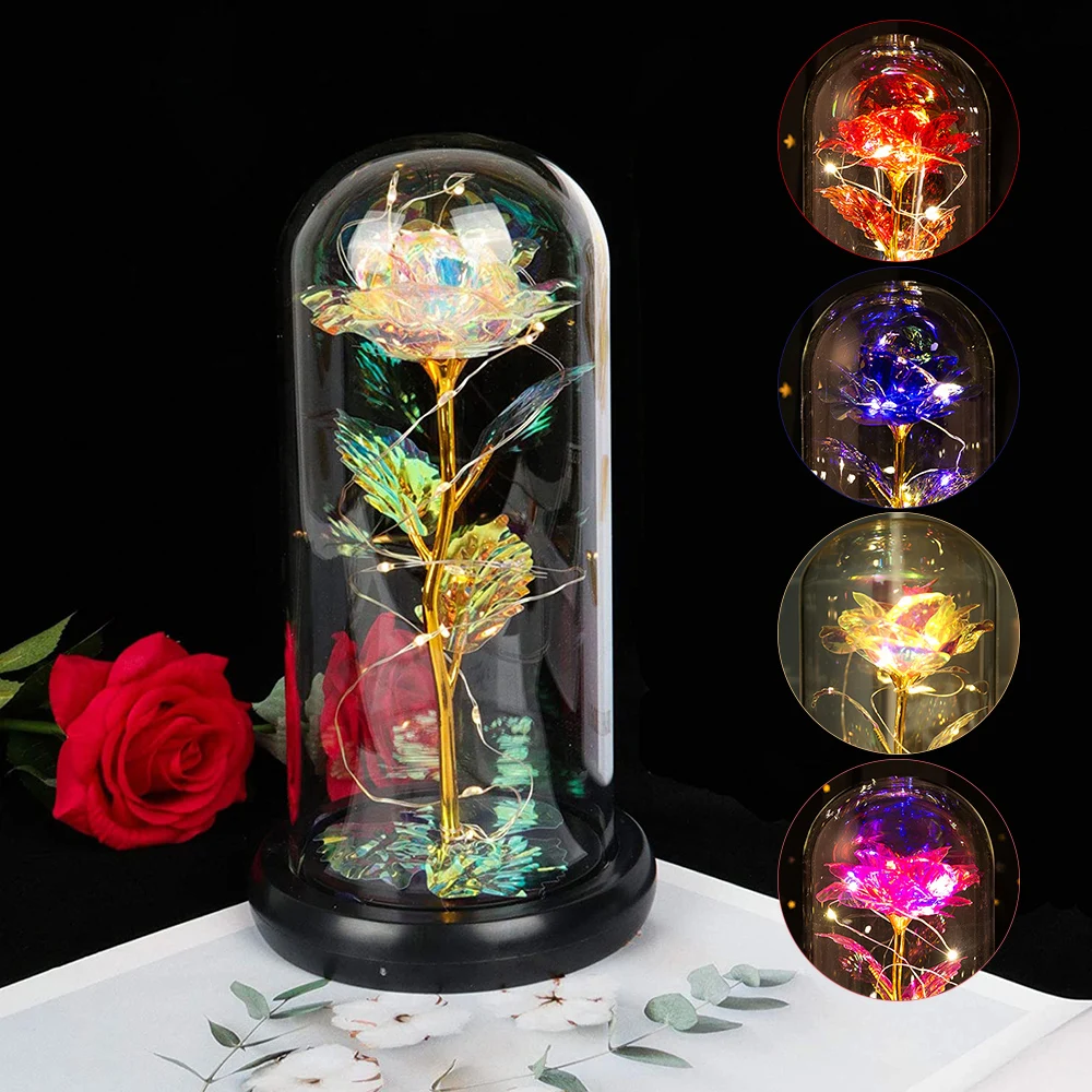 Beauty And The Beast Red Rose In A Glass Dome With LED Light Wooden Base For Girls Valentine's Christmas Day Gift Dropshipping 1set mini christmas tree lovely santaclaus glass dome bell jar christmas glass dome wood base light valentine gift home decor