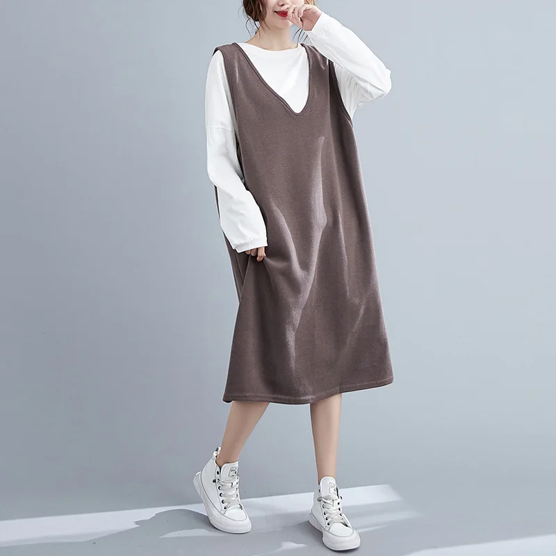 

Plus Size Women Knitted Dress Autumn Loose Casual White T-Shirt With Sleeveless Knit Vest Dresses Female Two Piece Black Dress