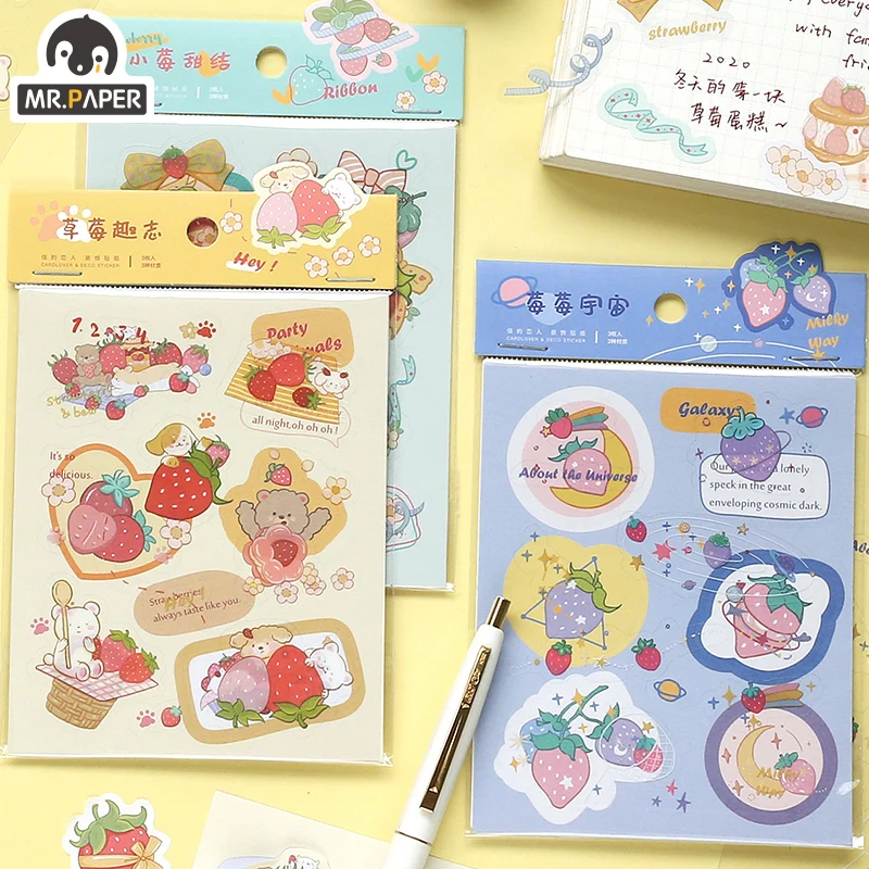 

4 Designs 3 Pcs/bag Sweet Strawberry Garden Series Ins Style Cute Plain Sheet Stickers Hand Account DIY Collage Decor Material