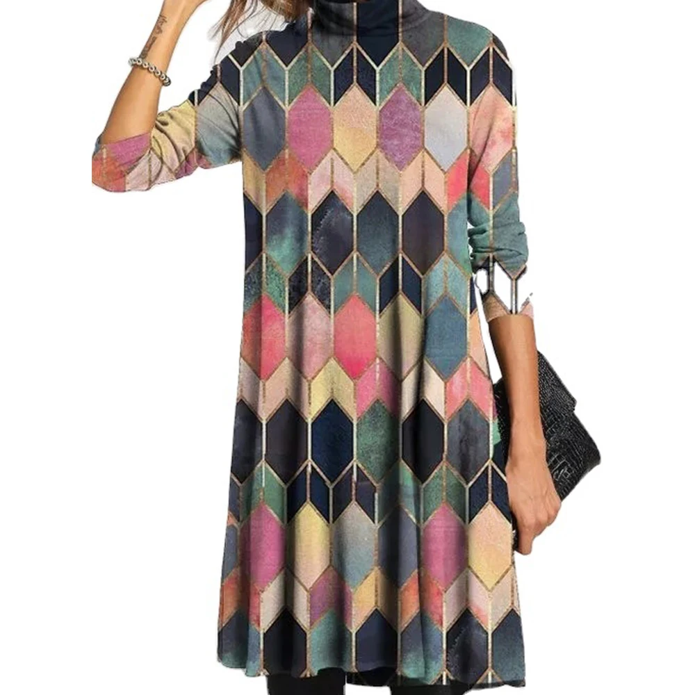 

VICABO High Neck Printed Dress Women Autumn Winter Long Sleeve Printed Vestidos Baggy Female Dresses Plus Size Dress