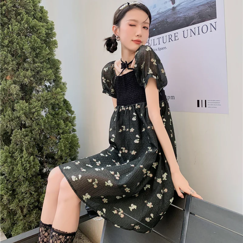 

Kimotimo Summer Backless Floral Dress Women Square Collar Cross Belt Puff Sleeve Mesh Mini Dresses 2021 New Designer Fashion Ins