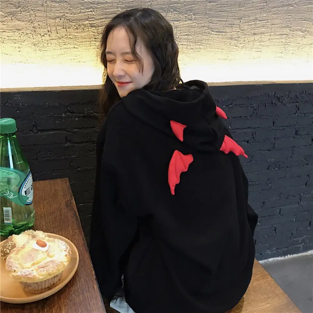 Autumn Sweatshirts Women Long Sleeve Letters Print Devil Hood Sweatshirt Plush Warm Hoodie Women's Clothing 2021