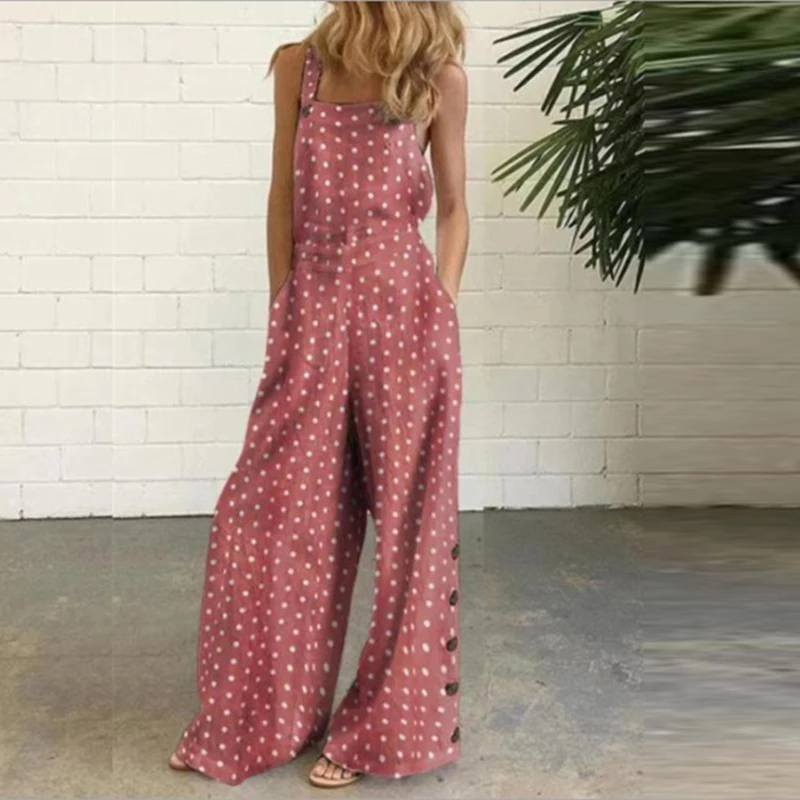 

2021 Summer Button Wide Leg Romper Bodysuit Vintage Flower Print Loose Jumpsuit Women Off Shoulder Sleeveless Strappy Overalls