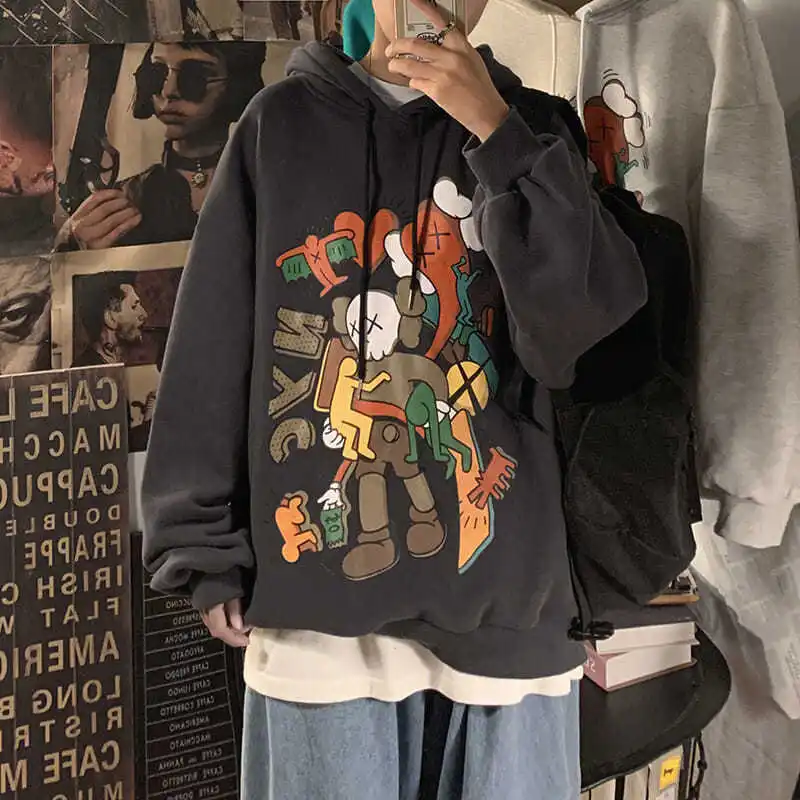 Осенняя свободная плюшевая толстовка мужская мода Улица Сезам Студенческая