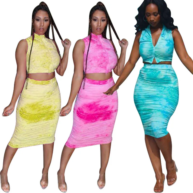 

Women Tie Dye Zipper Up Sleeveless Crop Top Stacked Midi Bodycon Skirts Suit Two Piece Set Streetwear Bandage Dress Tracksuit