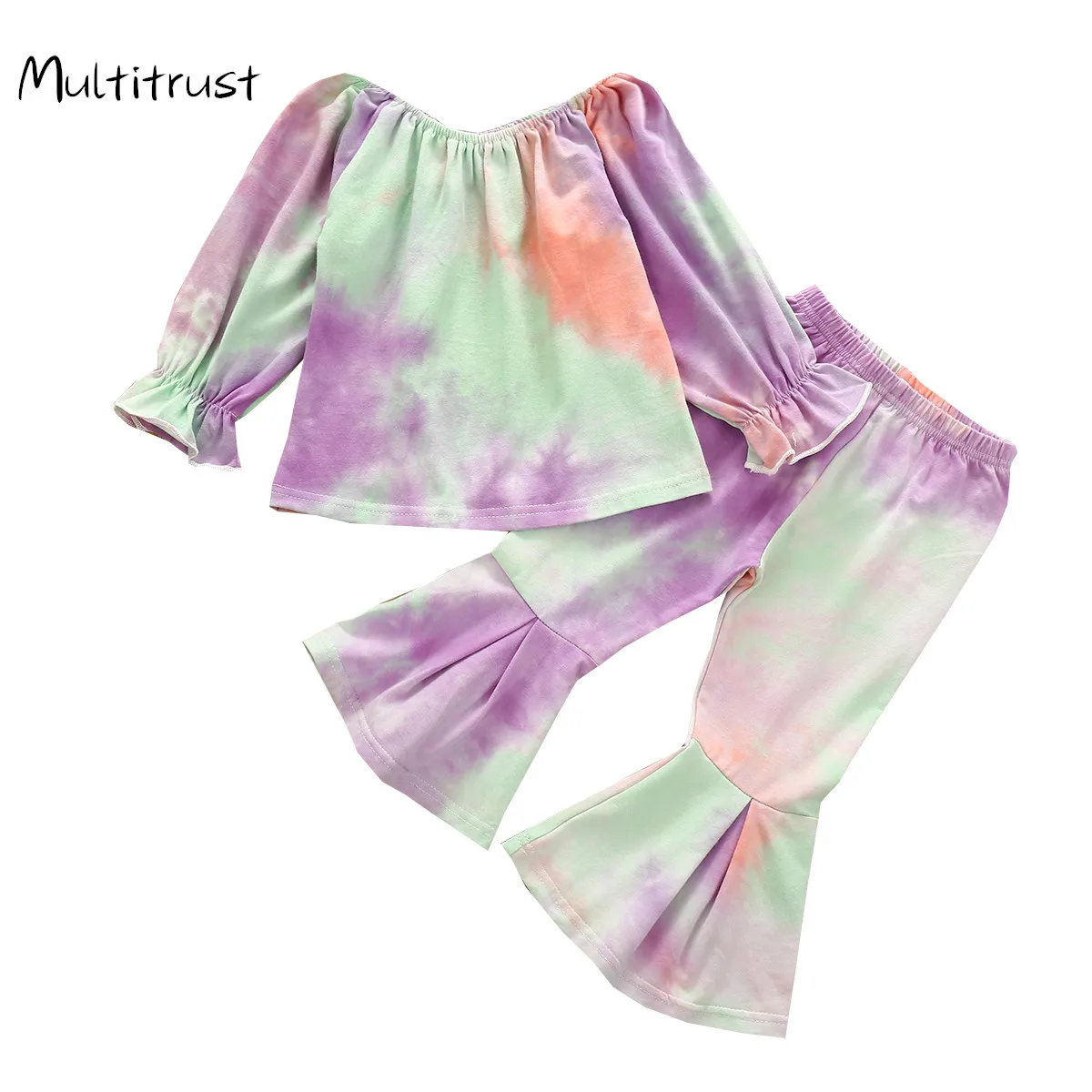 

1-6Y Infant Baby Girls Tie-Dye Printed Clothes Sets Flare Long Sleeve Pullover Tops Long Pants