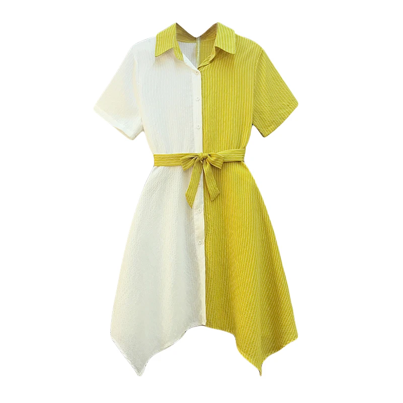 

Casual Shirt Dresses For Women Summer Elegant Office Dress Striped Patchwork Belt Button Short Sleeves Woman Dresses Vestidos