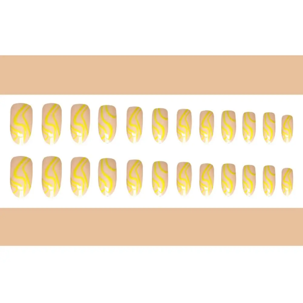 

New 24Pcs Yellow Wave Fake Nail Patch Acrylic Finished Manicure Patch Art Nail Tips Detachable False Nails Tips Manicure Decor