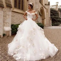 2021 boho wedding dresses lace flowers off shoulder bridal gowns ball gown lace up back wedding dress plus size