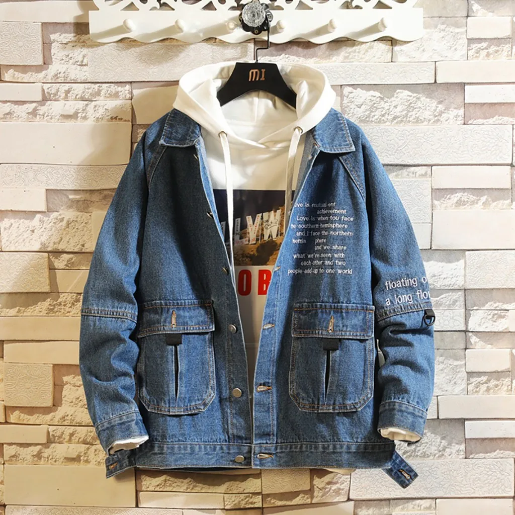 Men'sJackets весна осень поддельные две части Лоскутная джинсовая куртка с капюшоном