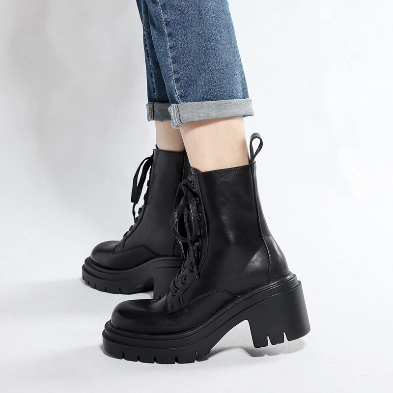 

2021 Ankle Boots For Women Leather Round Toe Sewing Lace Up Closure Punk Platform Sole Female Shoes Winter Booties Woman Black