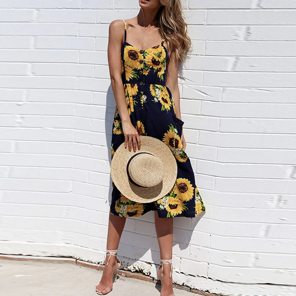 Сексуальное женское платье на бретелях кнопки печати с открытыми плечами без