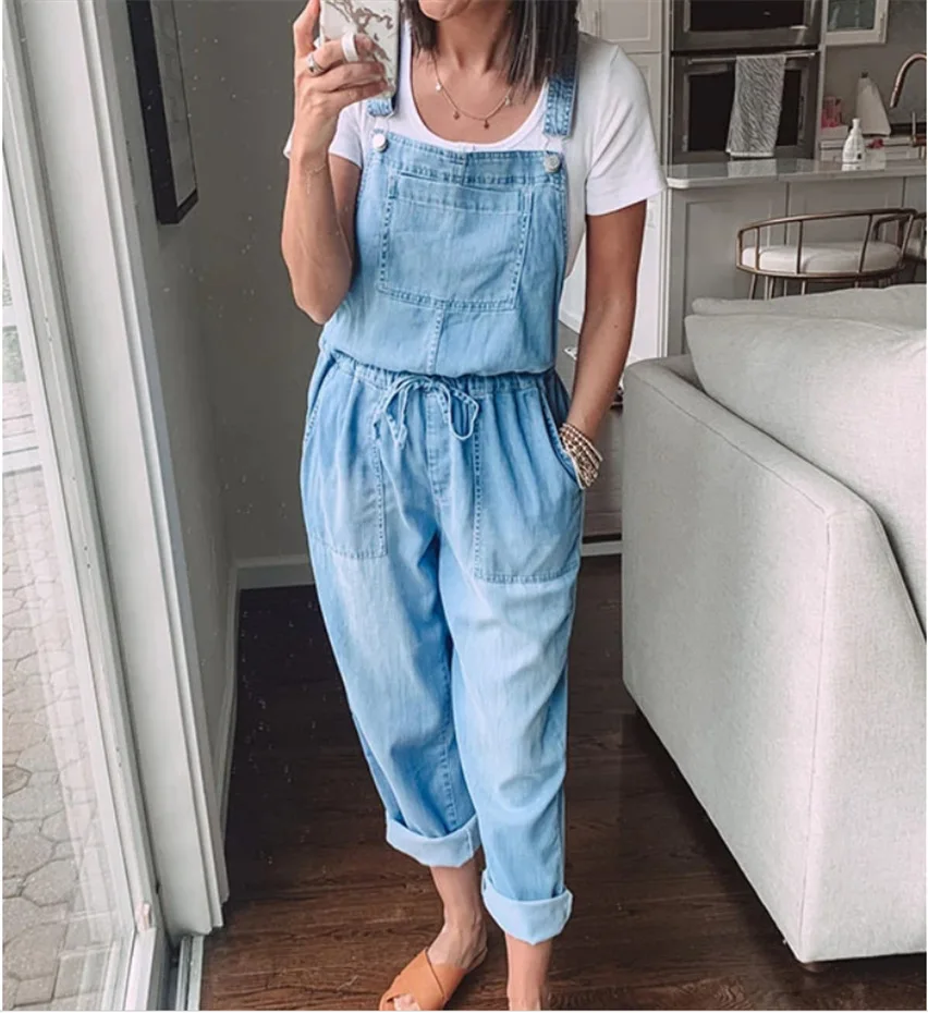 

2021 summer new casual drawstring denim overalls woman jeans woman jeans