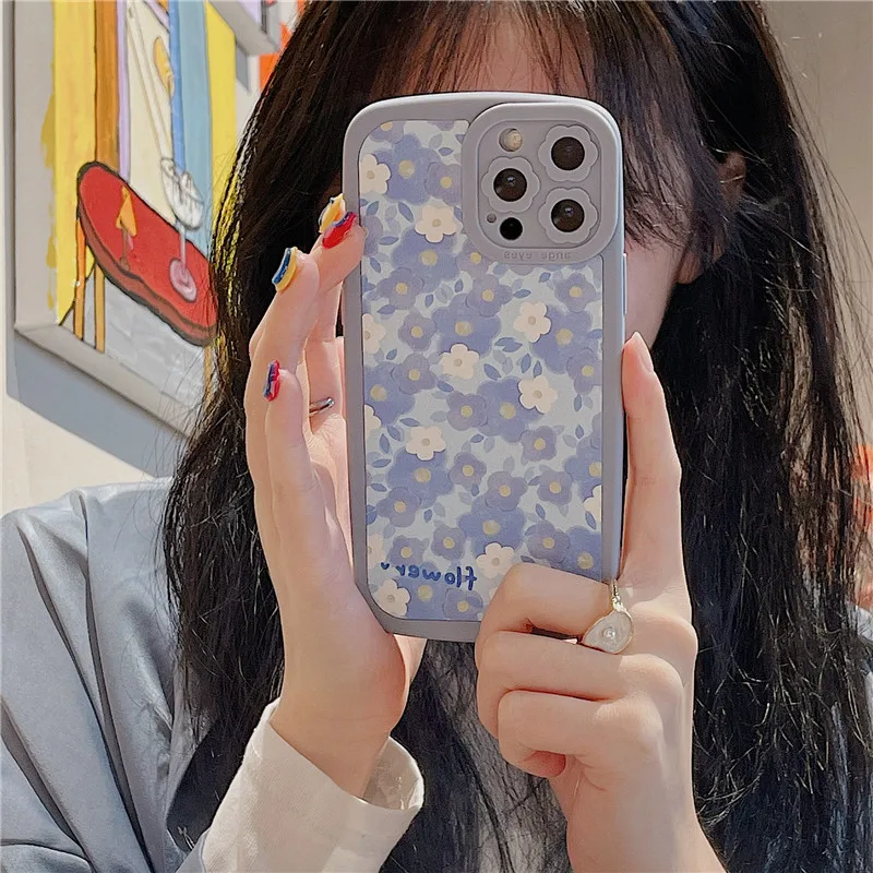 

Korea Style Cute Floral Phone Case for Iphone 12 13 11 Pro Max X XSmax XR 7 8Plus Soft TPU Blue White Matte Flower Back Cover